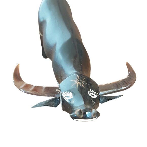 Set Of 2 Vintage Hand Carved Wooden Long Horned Oxen Bulls Figurines - Picture 2 of 7